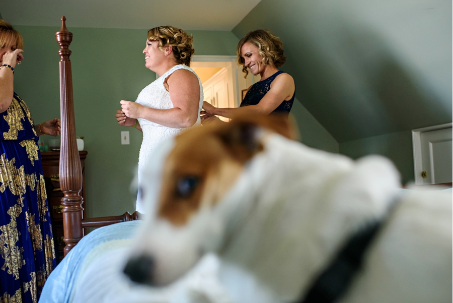 A dog gets in the way of the bride getting ready.